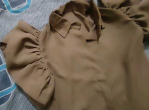 Brown Puff Sleeve Collared Shirt