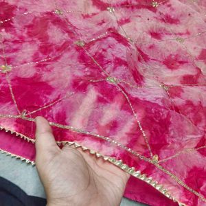 Vibrant Pink Tie-Dye Saree with Gold Embellishment