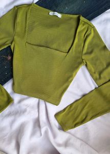 Green Square Neck Long Sleeve Top