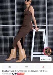 Brown Ribbed Bodycon Midi Dress