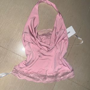Pink Halter Neck Lace Trim Top