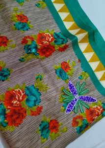 Off White And Sea Green Coloured Saree