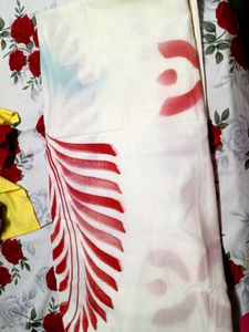 White Saree with Red Floral Print