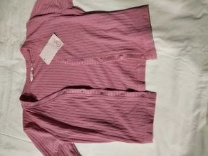Pink Ribbed Cropped Cardigan Long Sleeves