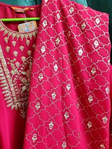 Embroidered Pink Kurta with Palazzo and Duppata