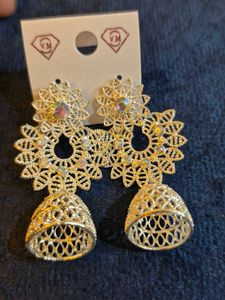 Gold Jhumka Earrings with Rhinestones