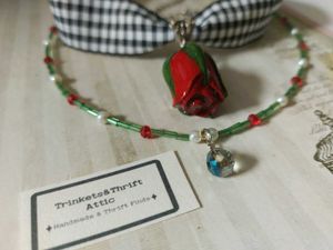 Gingham Ribbon Clay Rose Bud Choker Necklace