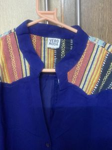 Blue Sheer Button-Up Top with Patterned Yoke