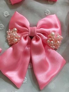 Set of 6 Pink Satin Handmade Bows with Pearls