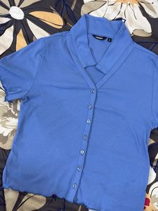 Blue Ribbed Collared Button-Up Top