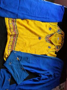 Yellow Kurta Set with Blue Bottoms