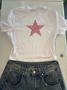 White Crop Top with Red Star Print