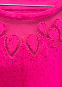 Vibrant Pink Sheer Neckline Sweater