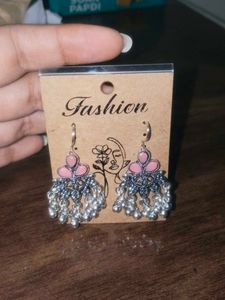 Pink Floral Oxidised Silver Jhumka Earrings
