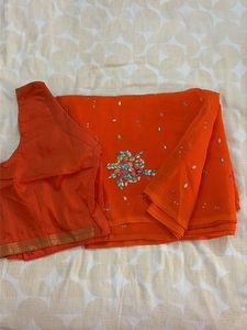 Vibrant Orange Embroidered Saree with Blouse