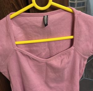 Pink Ribbed Square Neck Crop Top