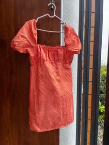 Orange Gingham Puff Sleeve Dress