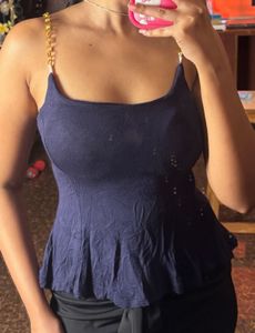 Navy Peplum Top with Gold Chain Straps