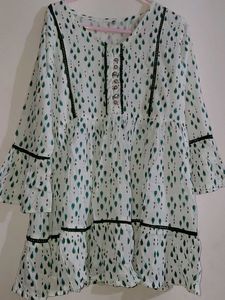 Elegant White ethenic dress with Green Drops Print