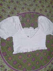 White Smocked Puff Sleeve Crop Top