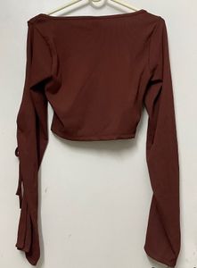 Brown Long Sleeve Tie Detail Crop Top