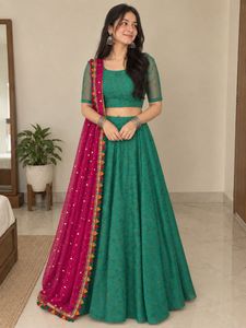 Stitched Green Printed Lehenga Choli Set