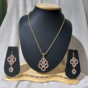 Elegant Pink Stone Necklace &amp; Earring Set