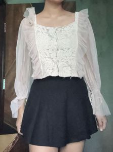 Sheer Lace Button-Up Blouse