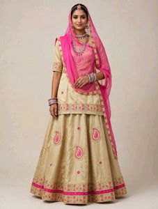 Stunning Golden Lehenga Choli with Pink Dupatta