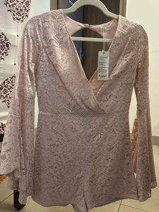 Beautiful Pink Self Design Lace Inserts jumpsuit