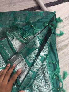 Emerald Green Silk Saree with Peacock Motifs
