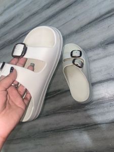 White Double Buckle Slides