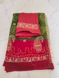 Beautiful Green &amp; Maroon Embroidered Saree