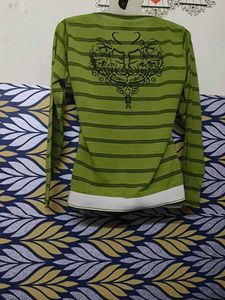 Women V Neck Green Striped Long Sleeve Top