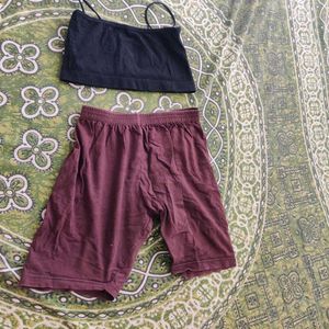 Comfortable Black Crop Top and Maroon Shorts Set