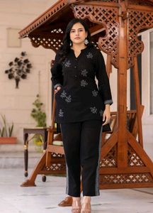 Elegant Black Kurta Set with White Embroidery