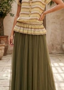 Olive Green Mesh Tiered Maxi Skirt | Free Size