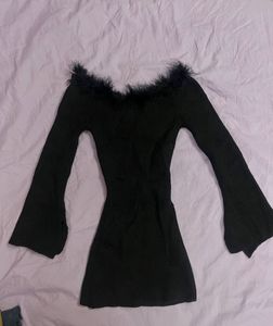Black Fur Trimmed Bell Sleeve Top