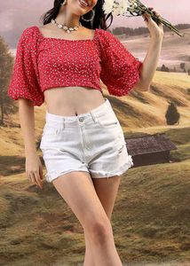 Red Floral Puff Sleeve Crop Top