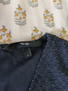Navy Blue Textured V-Neck Top