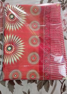 Cream &amp; Red Floral Print Saree