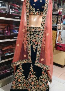 Navy Blue Embroidered Velvet Lehenga Choli