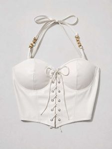 White Lace-Up Corset Top with Gold Chain Detail