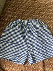 Blue Checkered Shorts with White Embroidery