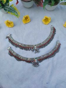 Intricate Anklets with Red Beads