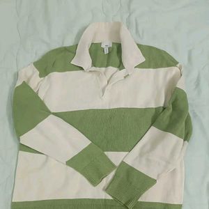 Green & White Striped Collared Sweater
