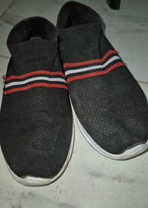 Black Slip-On Sneakers with Red &amp; White Stripes