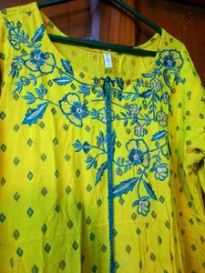 Vibrant Yellow Embroidered Long Kurti