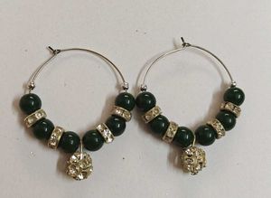 Bottle Green Beaded Hoop Earrings with Charm