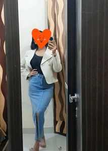 DENIM BODYCON HIGH WAIST LONG SLIT SKIRT